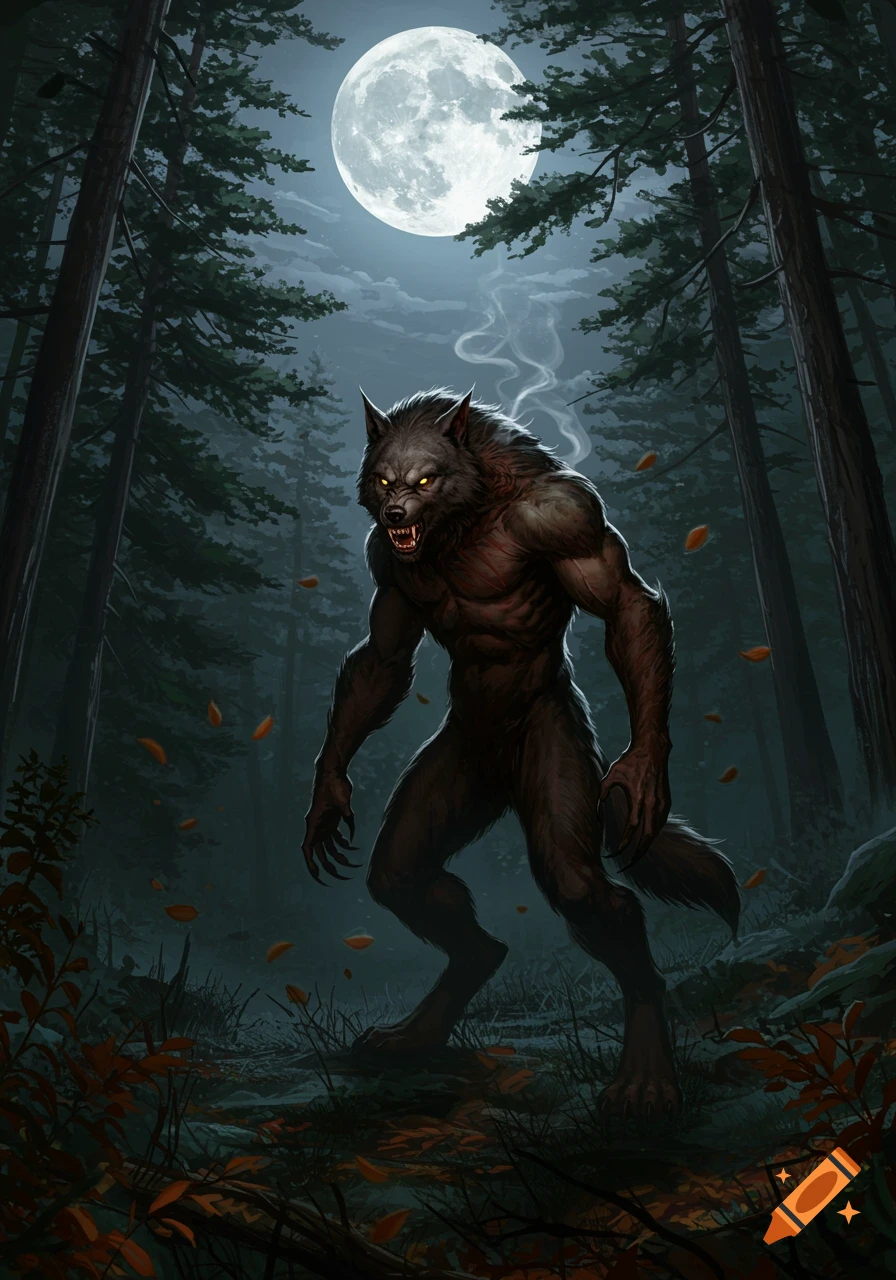 A snarling werewolf with glowing eyes stands in a dark forest under a large full moon, in a digital painting style.
