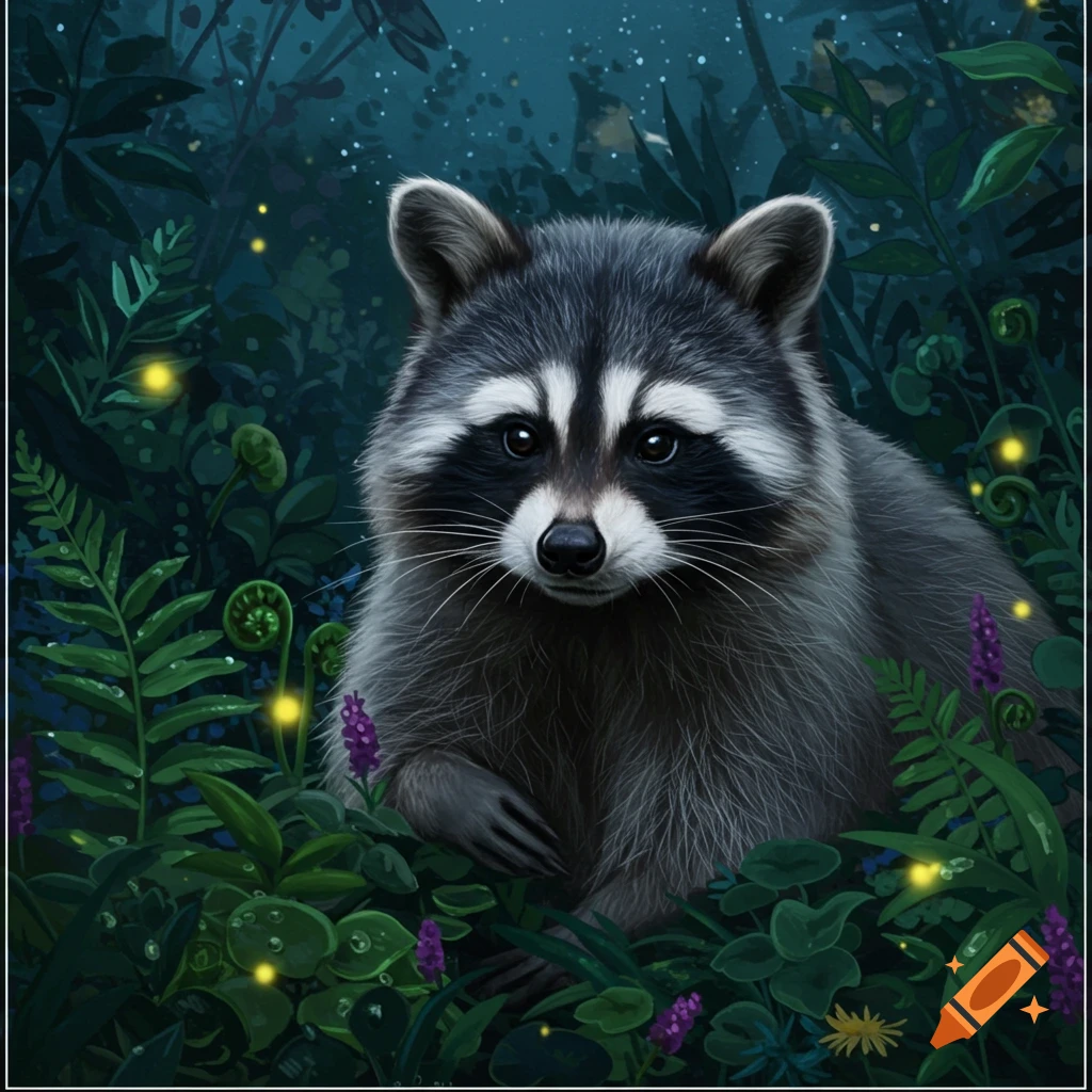 An illustrated raccoon sits among lush green ferns and purple flowers in a dark forest at night, with glowing fireflies.