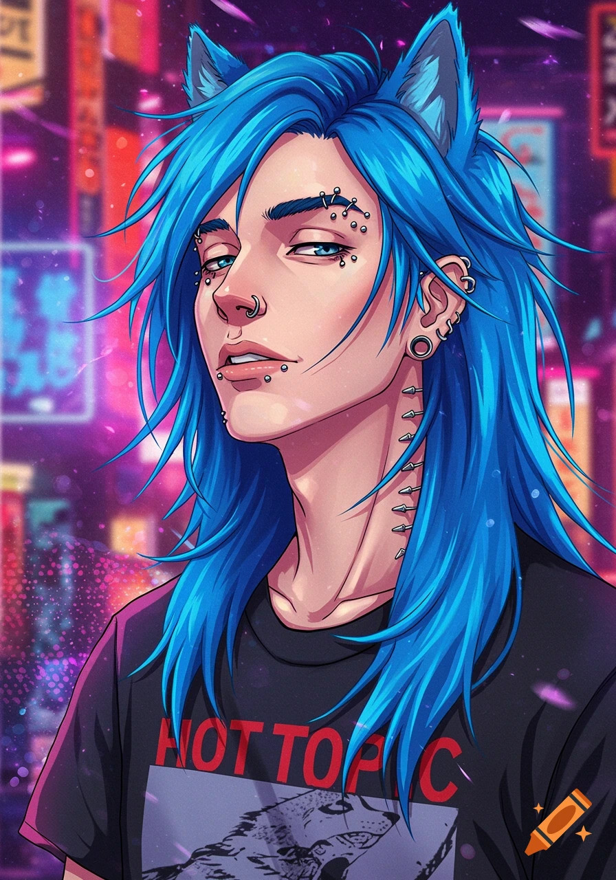 An anime-style character with long blue hair, cat ears, and many piercings, wearing a black Hot Topic shirt against a neon city background.
