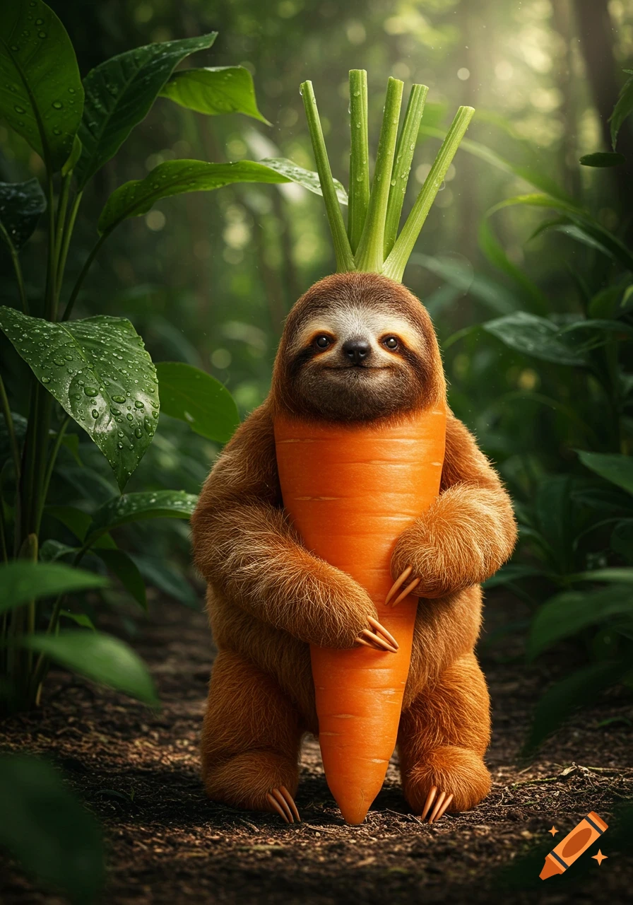 A photorealistic sloth, with a carrot for a body and carrot leaves on its head, stands in a lush forest.
