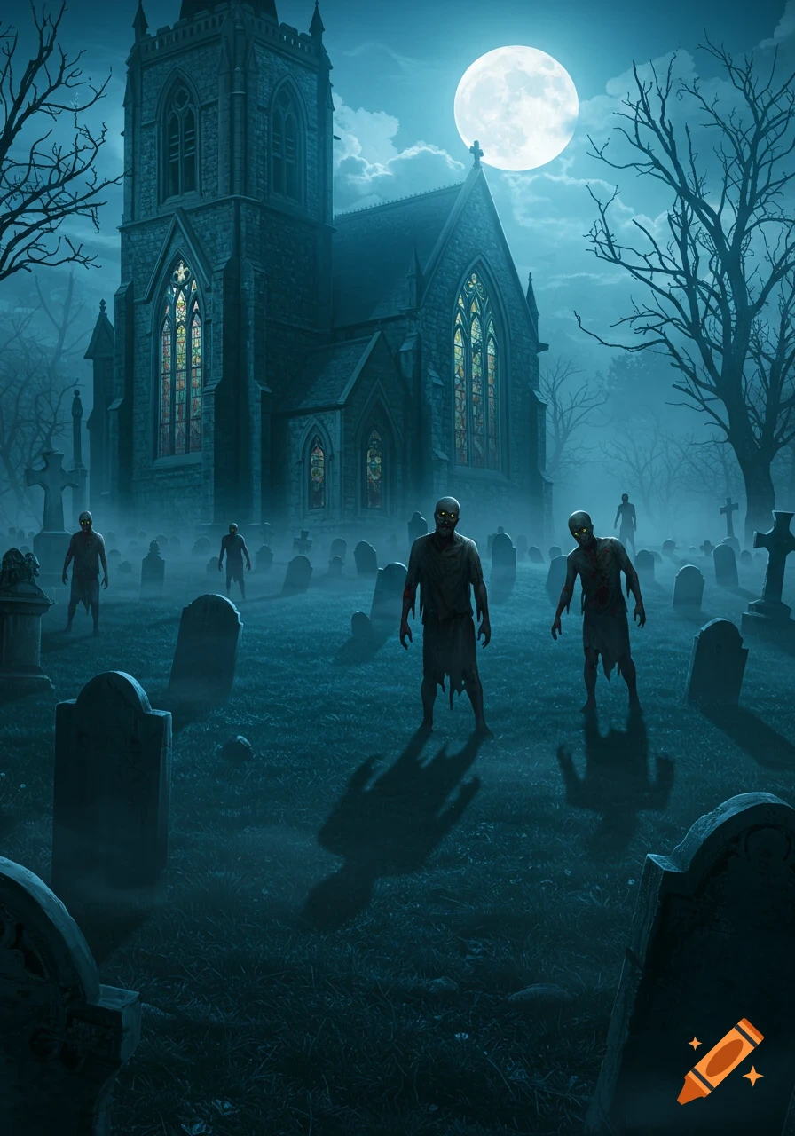 Zombies shamble through a foggy graveyard with gravestones and a gothic church under a full moon at night.