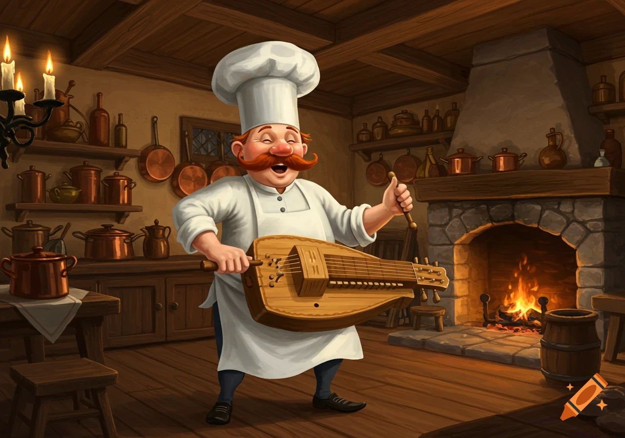 A happy, cartoonish chef with a large mustache plays a hurdy-gurdy in a rustic kitchen with a fireplace.