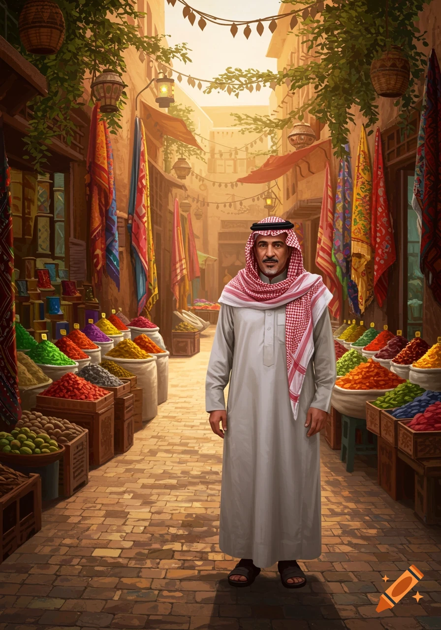 A man in traditional Saudi attire stands in a vibrant, illustrative market scene with colorful spices and textiles.