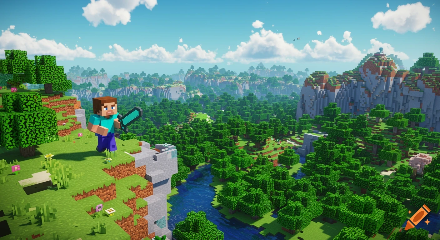 Steve from Minecraft stands on a blocky cliff holding a sword, overlooking a vast blocky landscape of forests, rivers, and mountains.