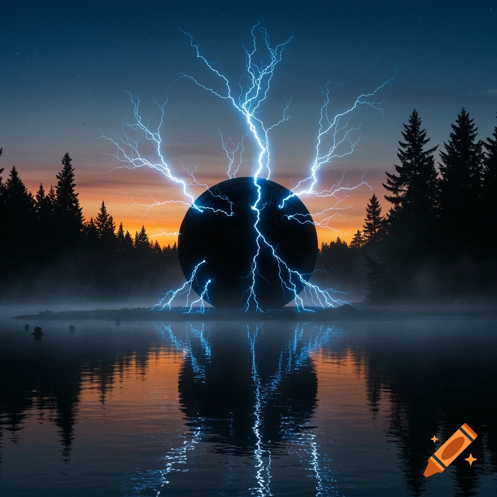 A large black sphere emitting blue lightning sits on a misty lake, surrounded by silhouetted pine trees at sunset.