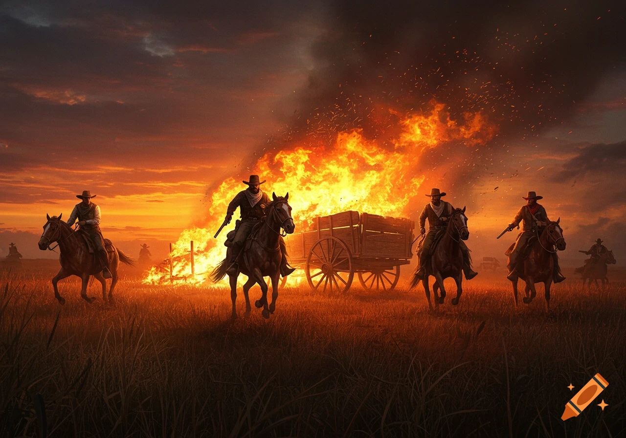 Four cowboys ride horses through a grassy field past a burning wooden wagon at sunset.