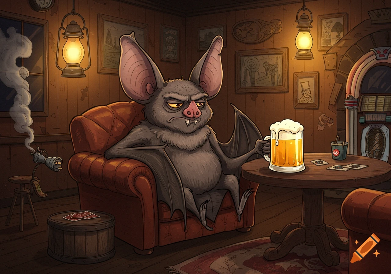 A grumpy cartoon bat with large ears lounges in a red armchair, holding a frothy mug of beer in a dimly lit, wood-paneled room.