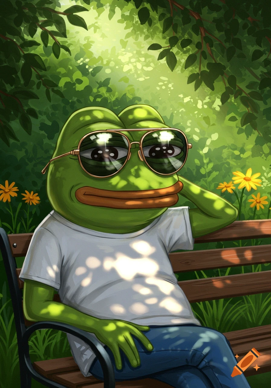 Pepe the frog, wearing sunglasses, a white t-shirt, and jeans, sits on a park bench under dappled sunlight.