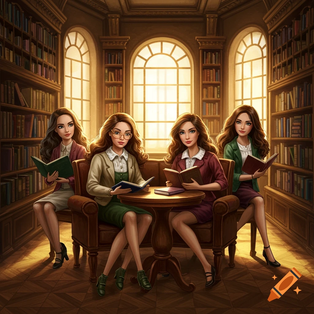 Four young women with long brown hair, dressed in smart casual attire, read books in a grand library setting with large arched windows.