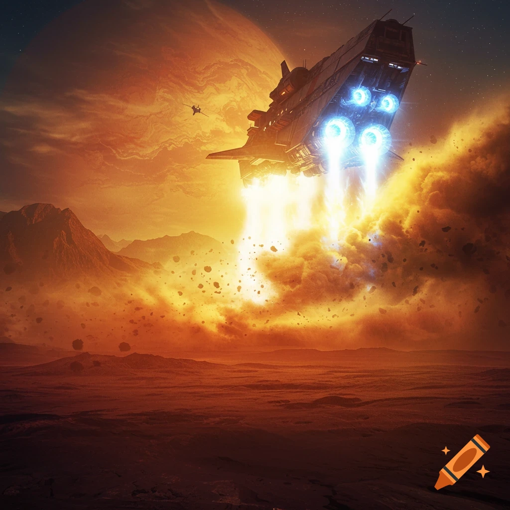 A large spaceship takes off from a dusty, orange-hued planet, stirring up rocks and dust, with a larger planet visible in the sky.