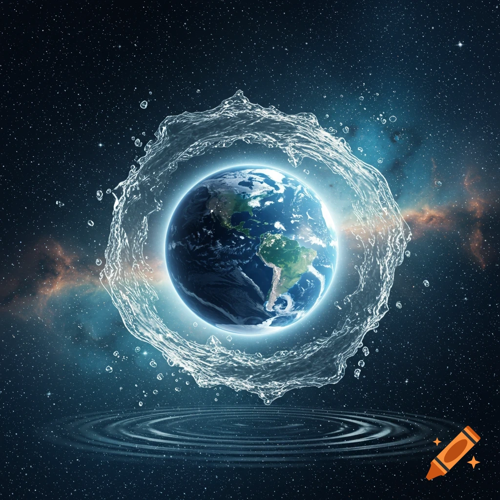 The planet Earth is encircled by a dynamic sphere of splashing water, set against a starry cosmic background with nebulae.