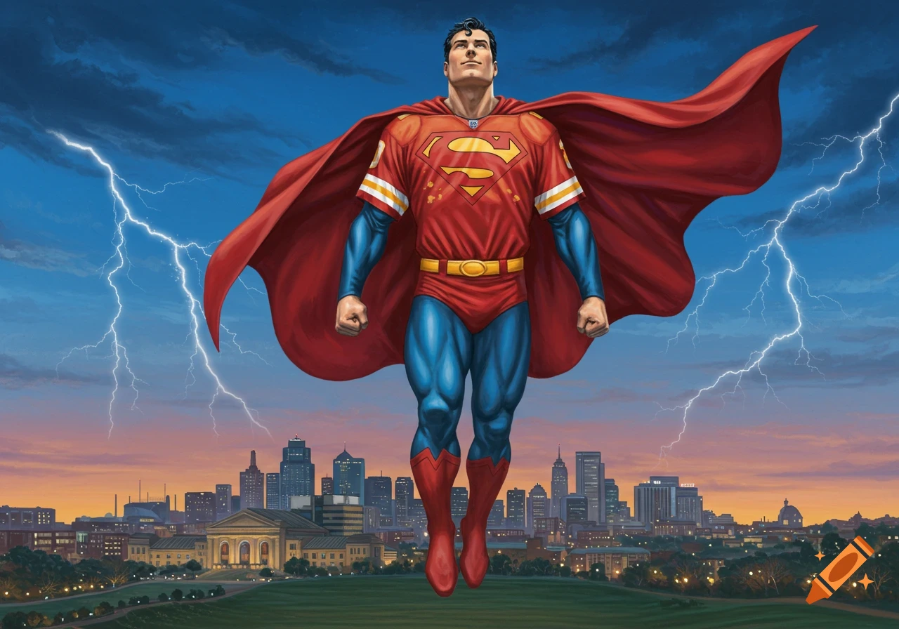 Superman in a red football jersey and cape flying over a city skyline with lightning.