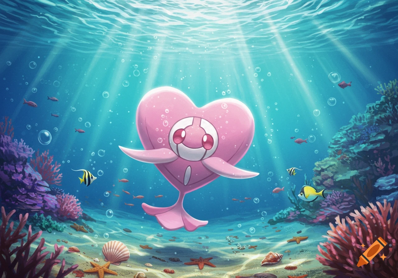 A pink, heart-shaped Luvdisc Pokemon swims in a colorful underwater coral reef with fish and sunbeams.