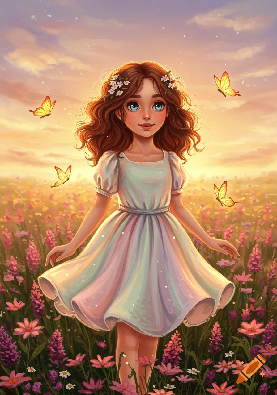 A cartoon illustration of a cute girl in a white dress standing in a field of colorful flowers at sunset, with butterflies around her.