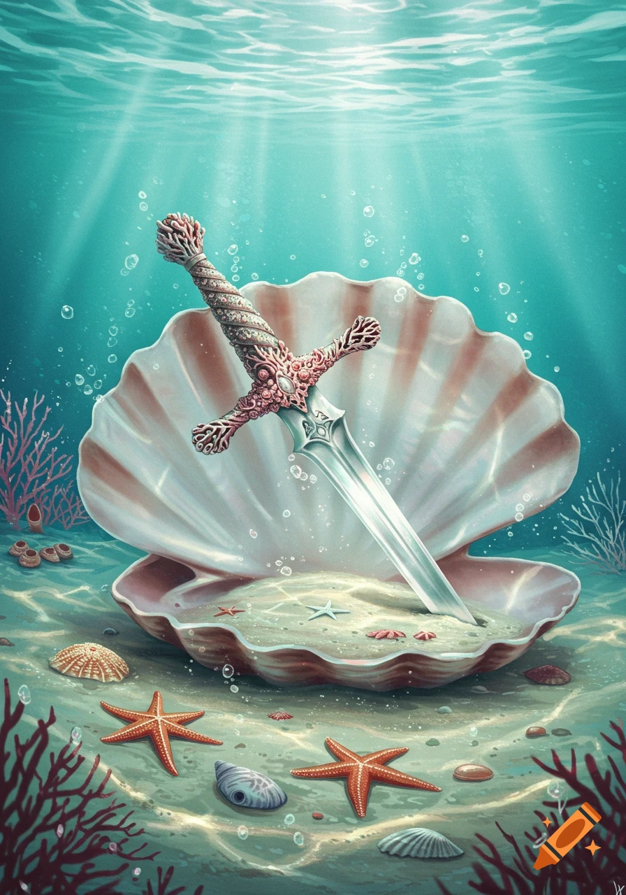 An ornate sword with a coral-like hilt stands upright in an open seashell on the ocean floor, surrounded by starfish and corals, with light rays piercing the blue water.