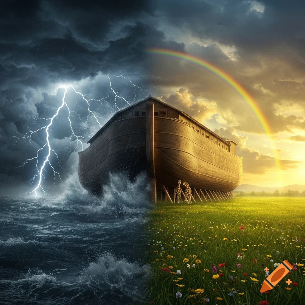 Noah's Ark shown in a split image: one side with a violent lightning storm over dark seas, the other a peaceful, sunny field with a rainbow and giraffes.