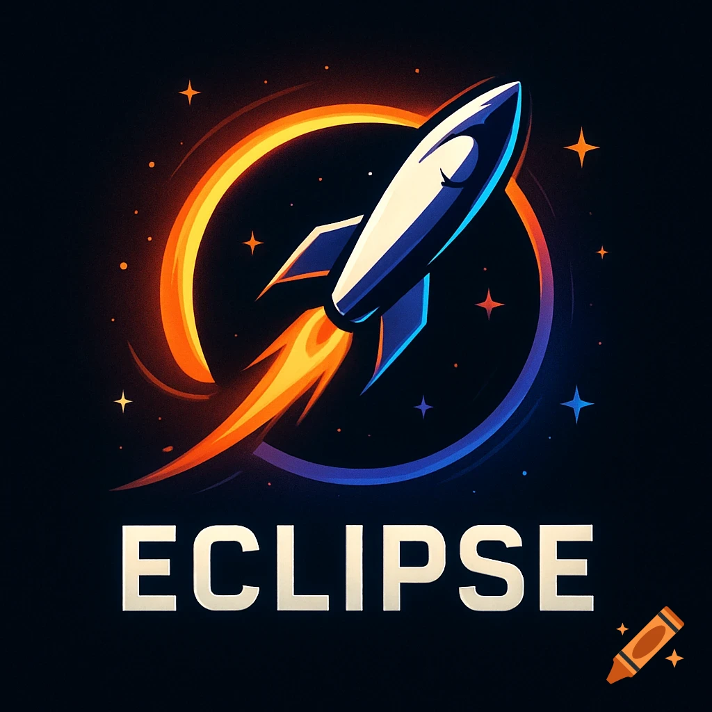 A stylized rocket launches into space, surrounded by a swirling orange and blue ring, with the word ECLIPSE below.