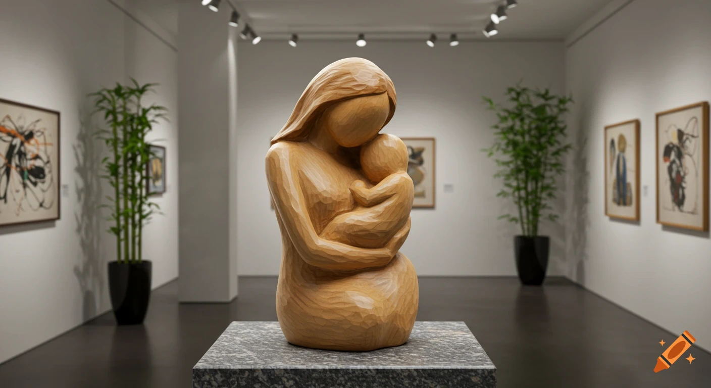 A hand-carved wooden sculpture of a mother holding her baby, displayed on a stone pedestal in a modern art gallery.