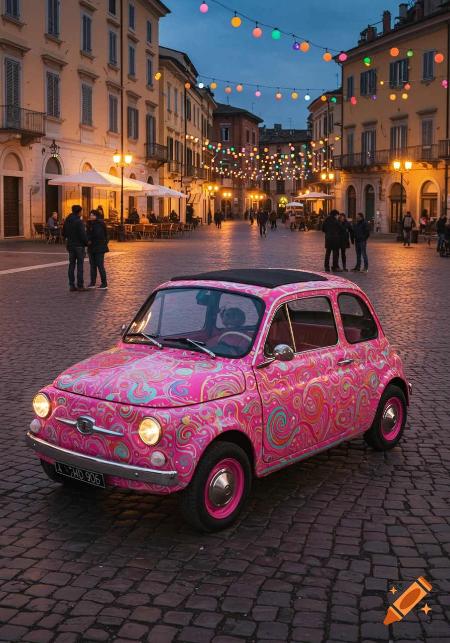 A pink Fiat 500 art car with a colorful swirl pattern parked on a cobblestone street in a European town square at dusk, illuminated by string lights.
