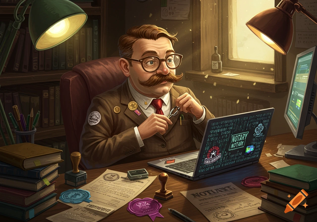 An illustrated man with a large mustache and glasses, wearing a suit, sits at a desk with a laptop displaying code and notary documents.