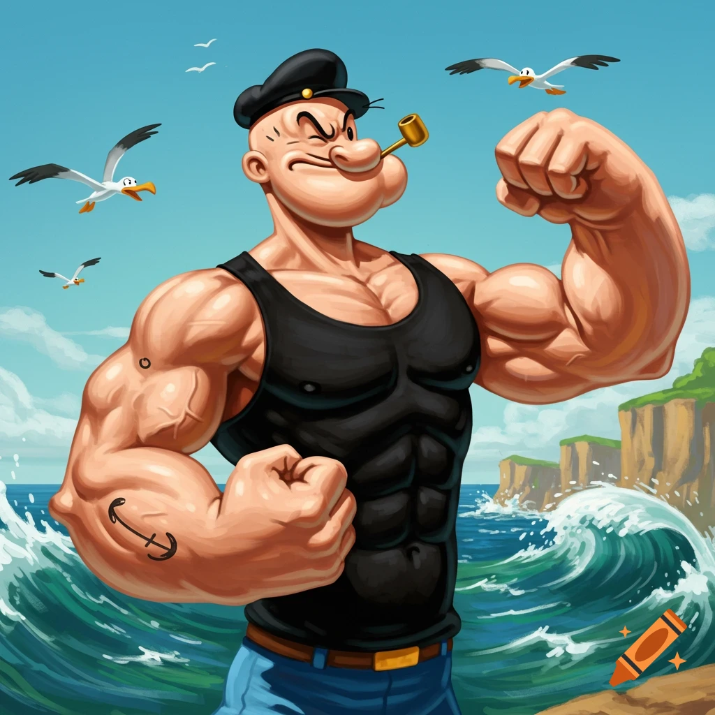 Very muscular Popeye the Sailor in a black tank top and beret flexing his arm by the ocean with seagulls flying.