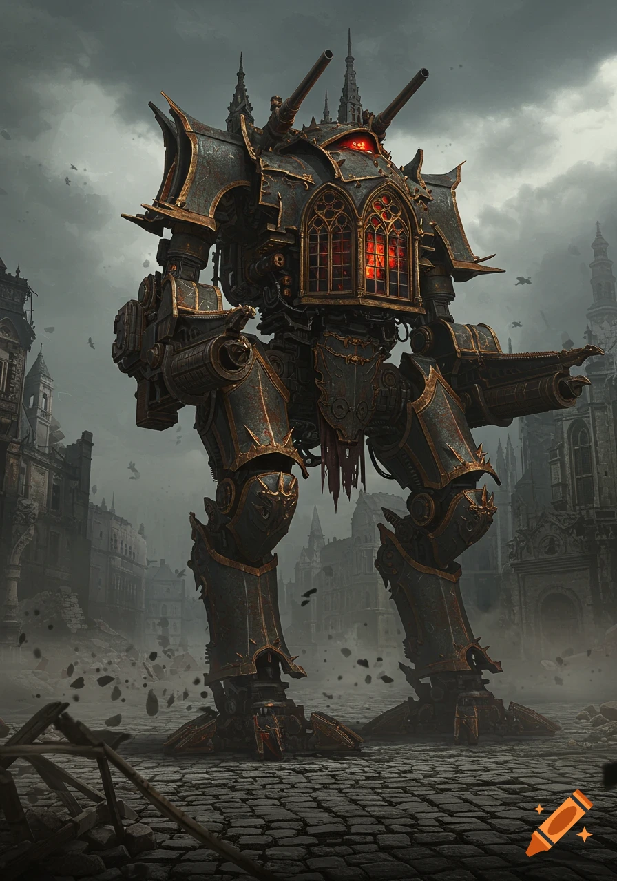 A colossal gothic battlemech stands in a ruined city under a cloudy sky.
