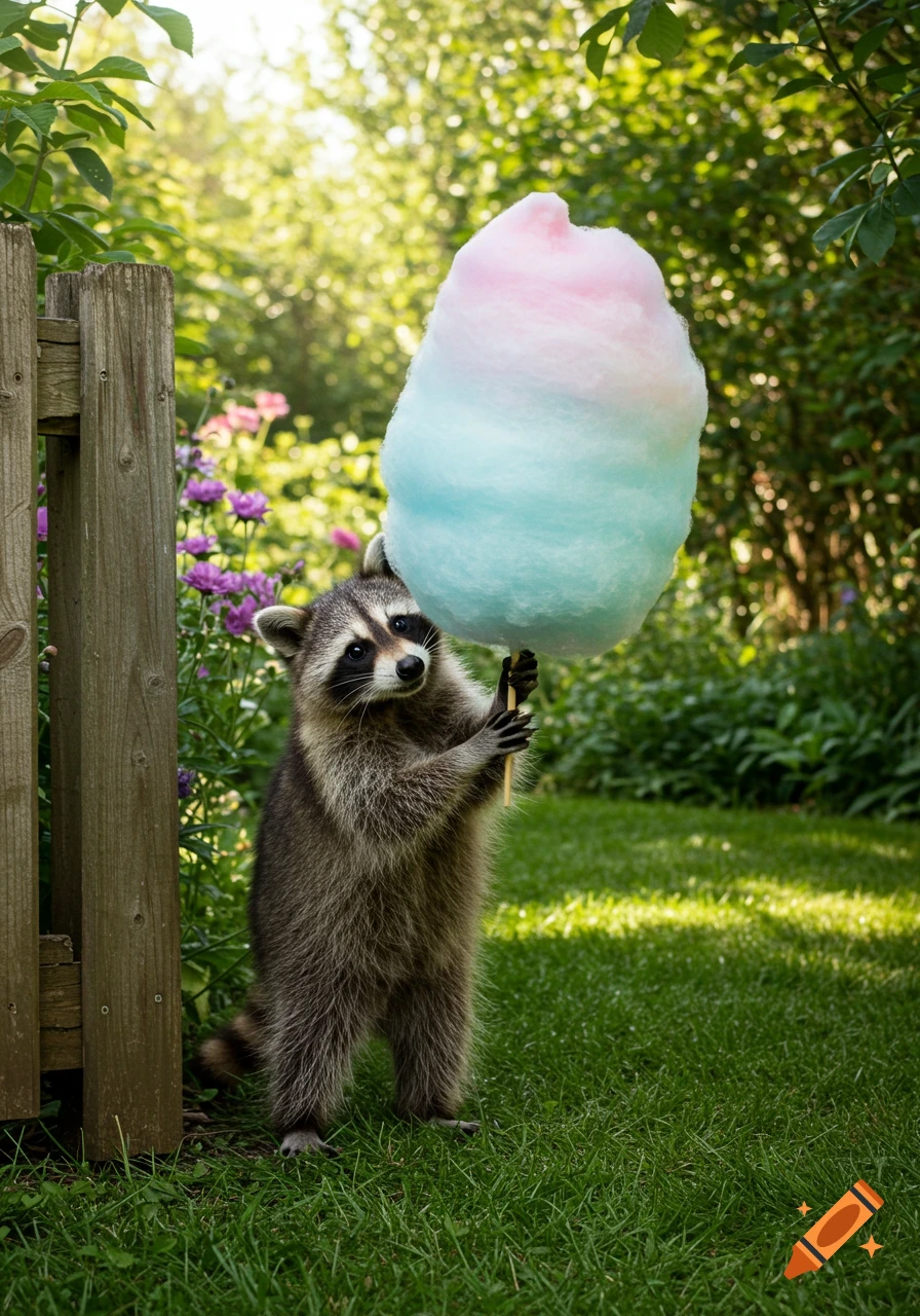 A photorealistic image of a raccoon standing in a garden, holding a giant pink and blue cotton candy.
