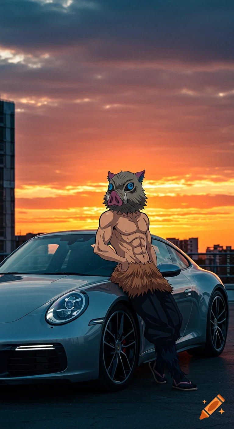 Inosuke Hashibira leaning against a silver Porsche 911 Twin Turbo at sunset with a city skyline.