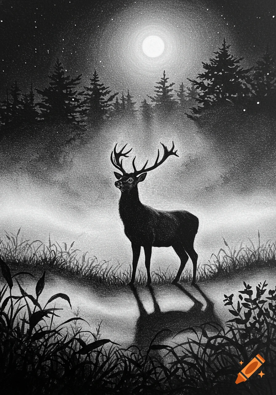 A black and white sketch of a stag with large antlers standing in a foggy forest clearing under a bright full moon and starry sky.
