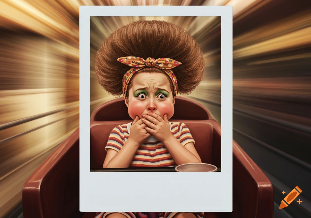 Cartoon illustration of a frightened girl with a large bouffant hairdo, covering her mouth with hands, with bulging cheeks and a green face, as if feeling sick on a fast-moving roller coaster.
