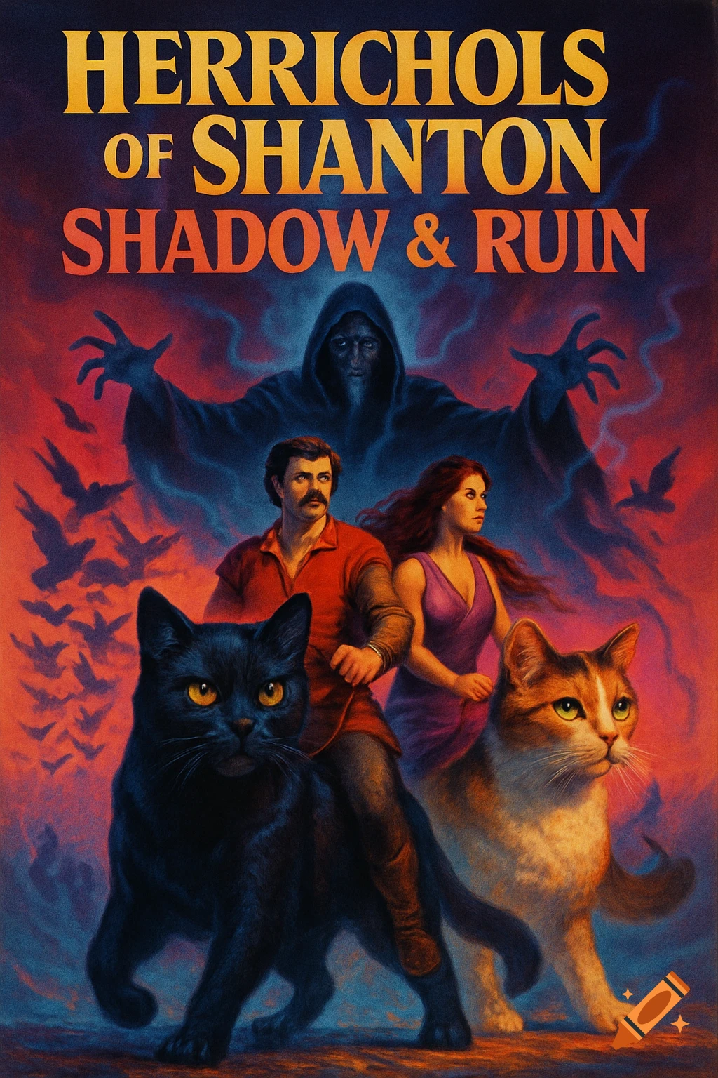 80s fantasy book cover with a man, woman, two giant cats, a sorcerer, and birds under the title 'Herrichols of Shanton: Shadow & Ruin'.