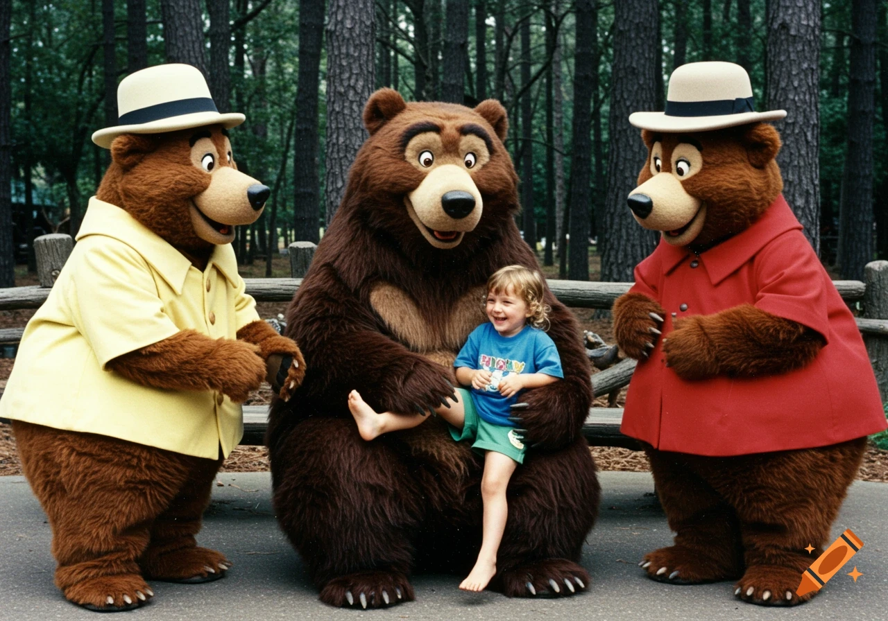 A happy child sits on the lap of a brown bear mascot, with two other bear mascots standing beside them outdoors.