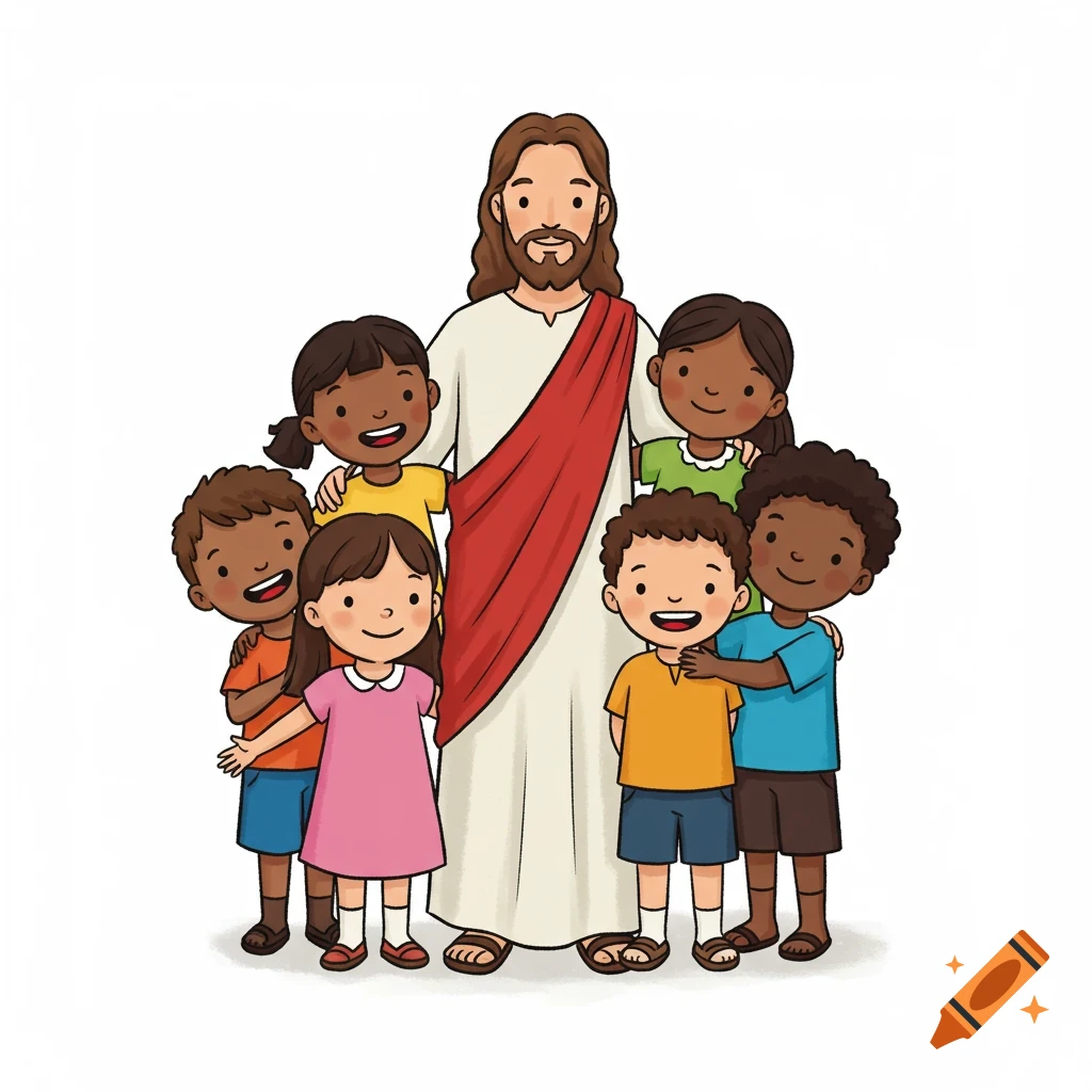 Cartoon illustration of Jesus Christ in a white robe with a red sash, standing and smiling with six happy children of diverse ethnicities on a white background.