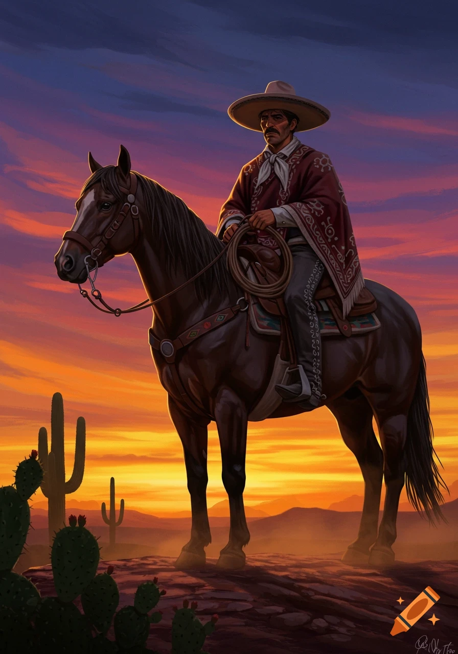 A charro wearing a sombrero and poncho rides a horse in a vibrant desert sunset with saguaro cacti. Digital art style.