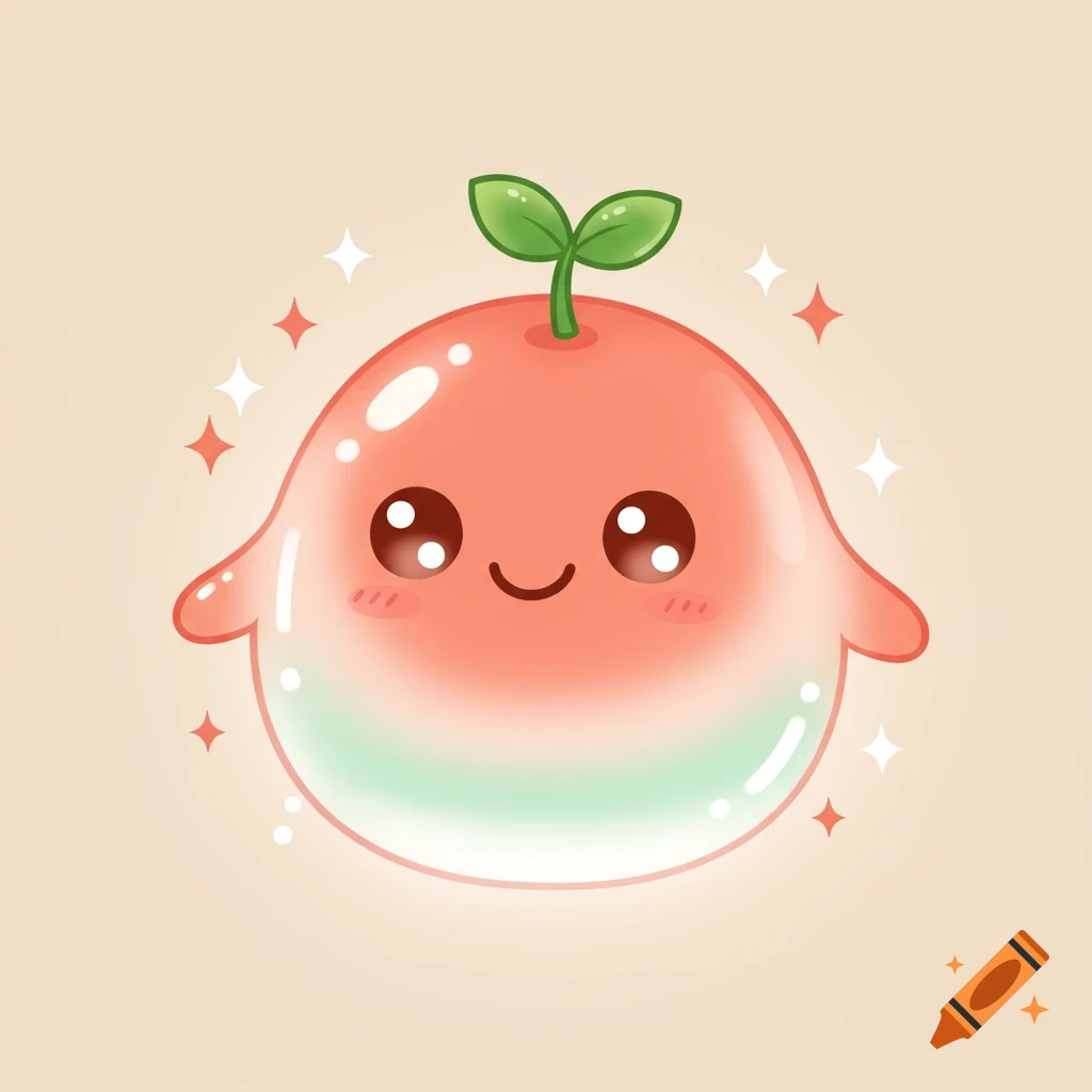 A cute kawaii-style glowing translucent orb mascot with big sparkling eyes, a gentle smile, and a small green leaf sprout on top, surrounded by sparkles.