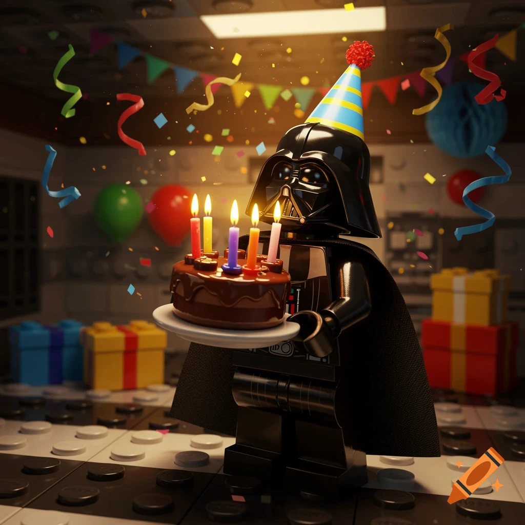Lego Darth Vader in a party hat holds a chocolate birthday cake with lit candles in a room with balloons and confetti.