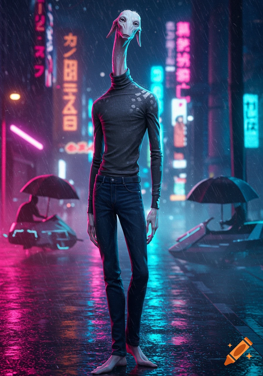 A tall, slender Kaminoan alien in a black turtleneck and jeans stands in a rainy, neon-lit cyberpunk city street.