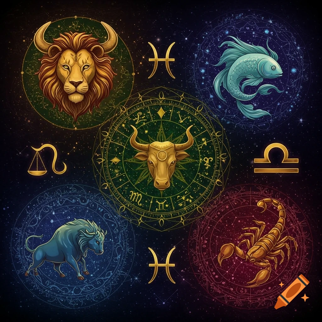 Illustrative depiction of five zodiac symbols: Leo, Pisces, Taurus, Libra, and Scorpio, arranged on a starry background.