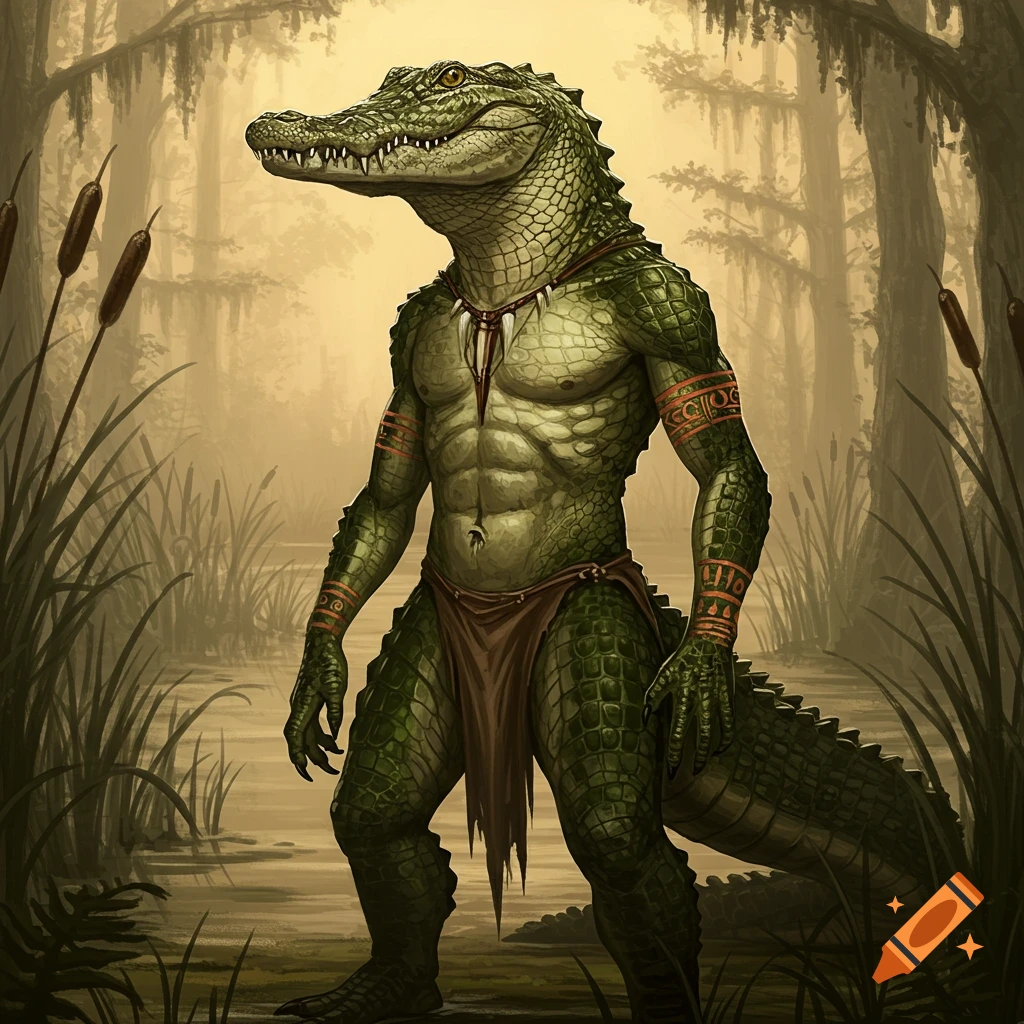 A muscular, green alligator demihuman stands in a foggy swamp, wearing a loincloth and tribal necklace. Detailed fantasy art.