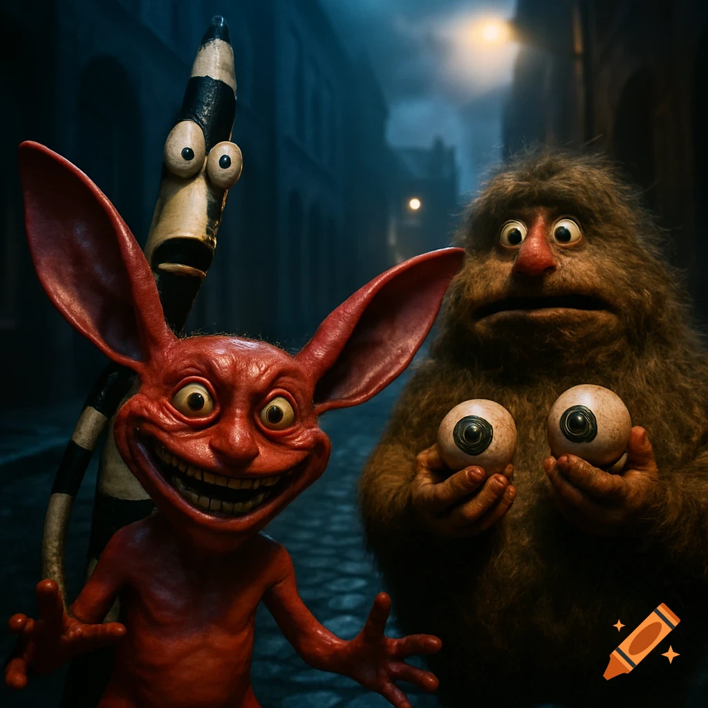 Three creepy cartoon monsters, including a red goblin and a furry creature holding eyeballs, stand on a dark, eerie street at night.