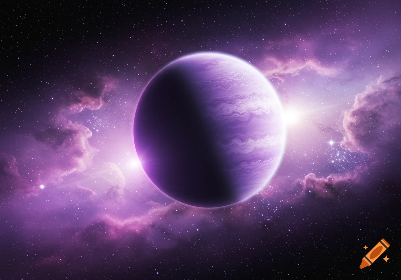 A purple and white planet with a prismatic glow, set against a backdrop of a star-filled purple nebula in deep space.