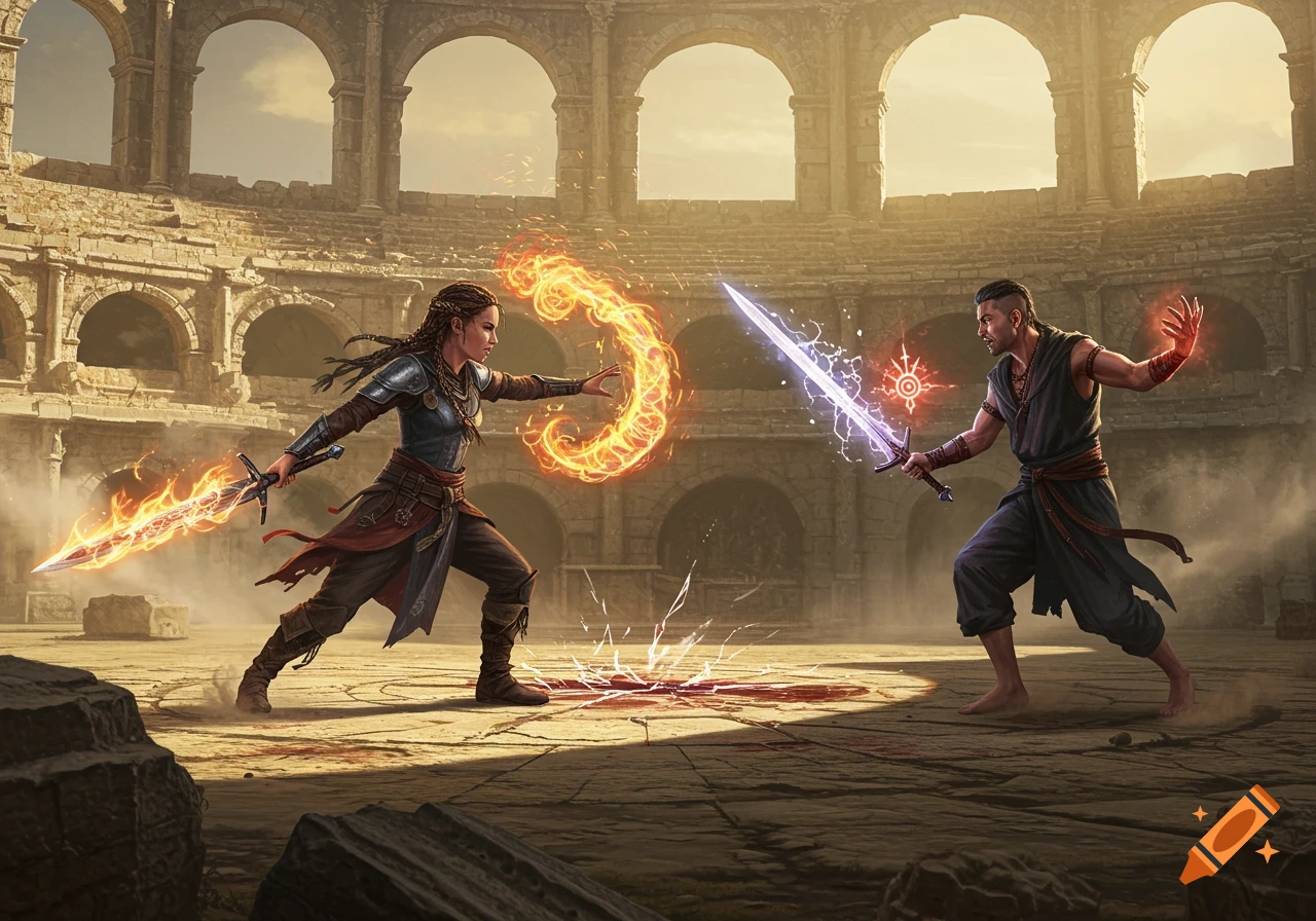 A high fantasy duel in a ruined amphitheater, featuring a woman with a flaming sword and a man with an electric blade, both casting spells.