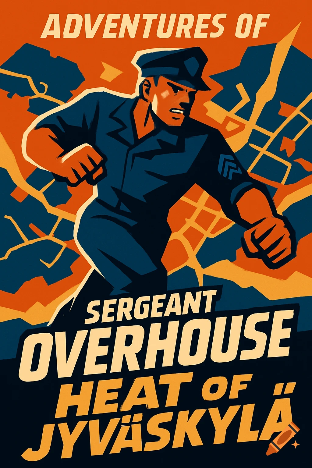 A retro-style movie poster features a stylized male police officer in uniform, running with clenched fists against a background resembling a fractured map. Text reads: ADVENTURES OF SERGEANT OVERHOUSE HEAT OF JYVÄSKYLÄ.