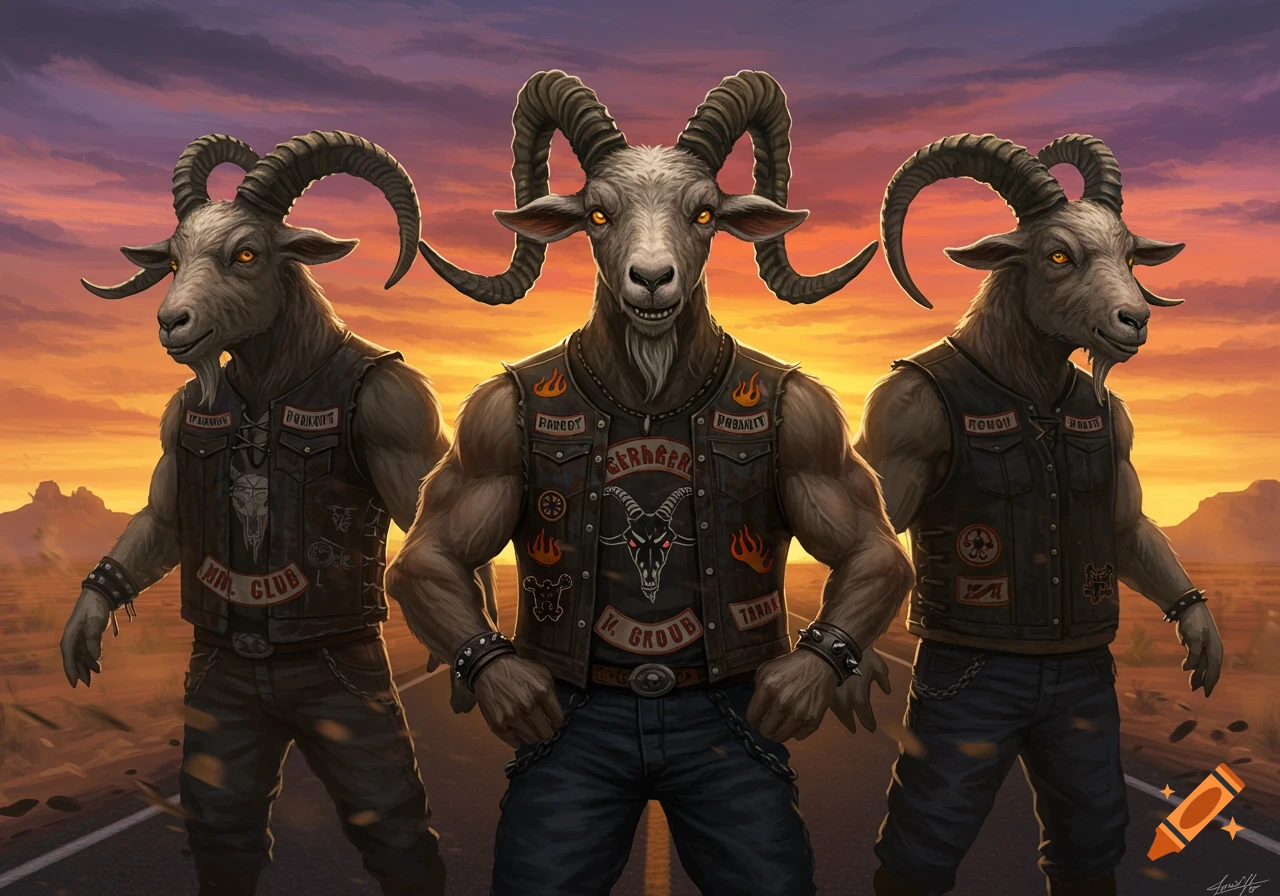 Three muscular anthropomorphic goats wearing biker vests with patches stand on a desert road at sunset.
