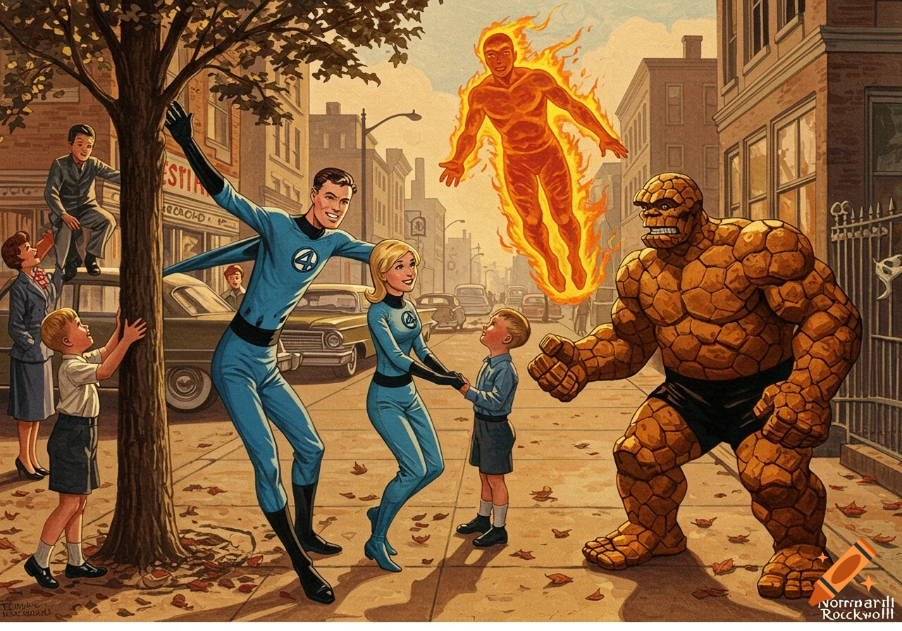 A Norman Rockwell-style painting shows the Fantastic Four, with Human Torch flying, interacting with children on a bustling city street.