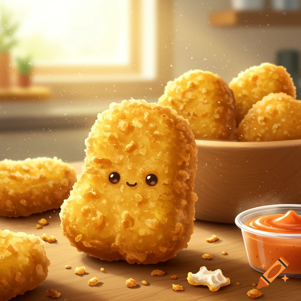 A cute chicken nugget with a tiny face stands on a wooden table next to a bowl of other nuggets and a cup of dipping sauce.