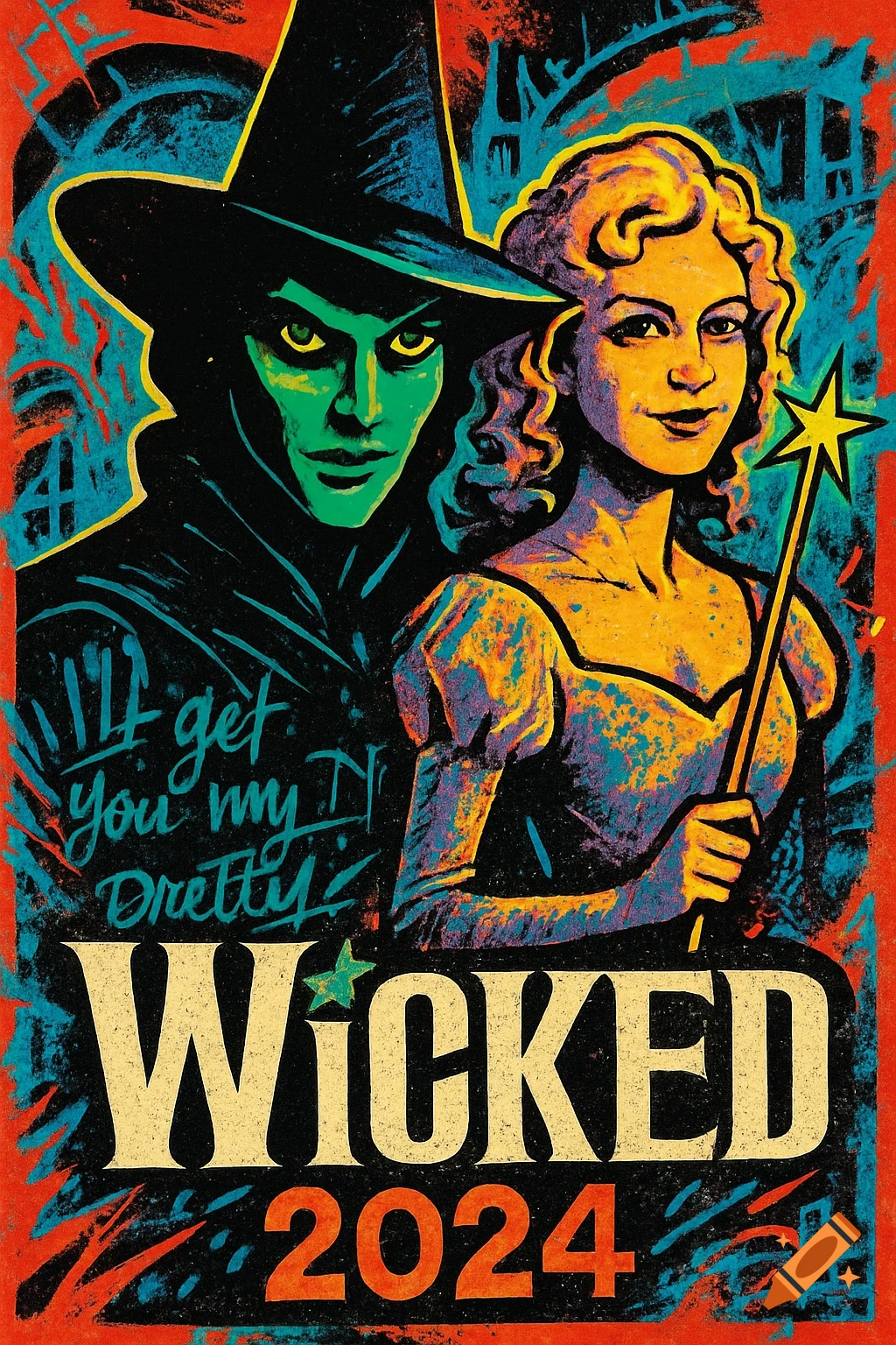 Retro street art style poster for 'Wicked 2024' featuring the Wicked Witch and Glinda, with the text 'I'll get You my Pretty'.
