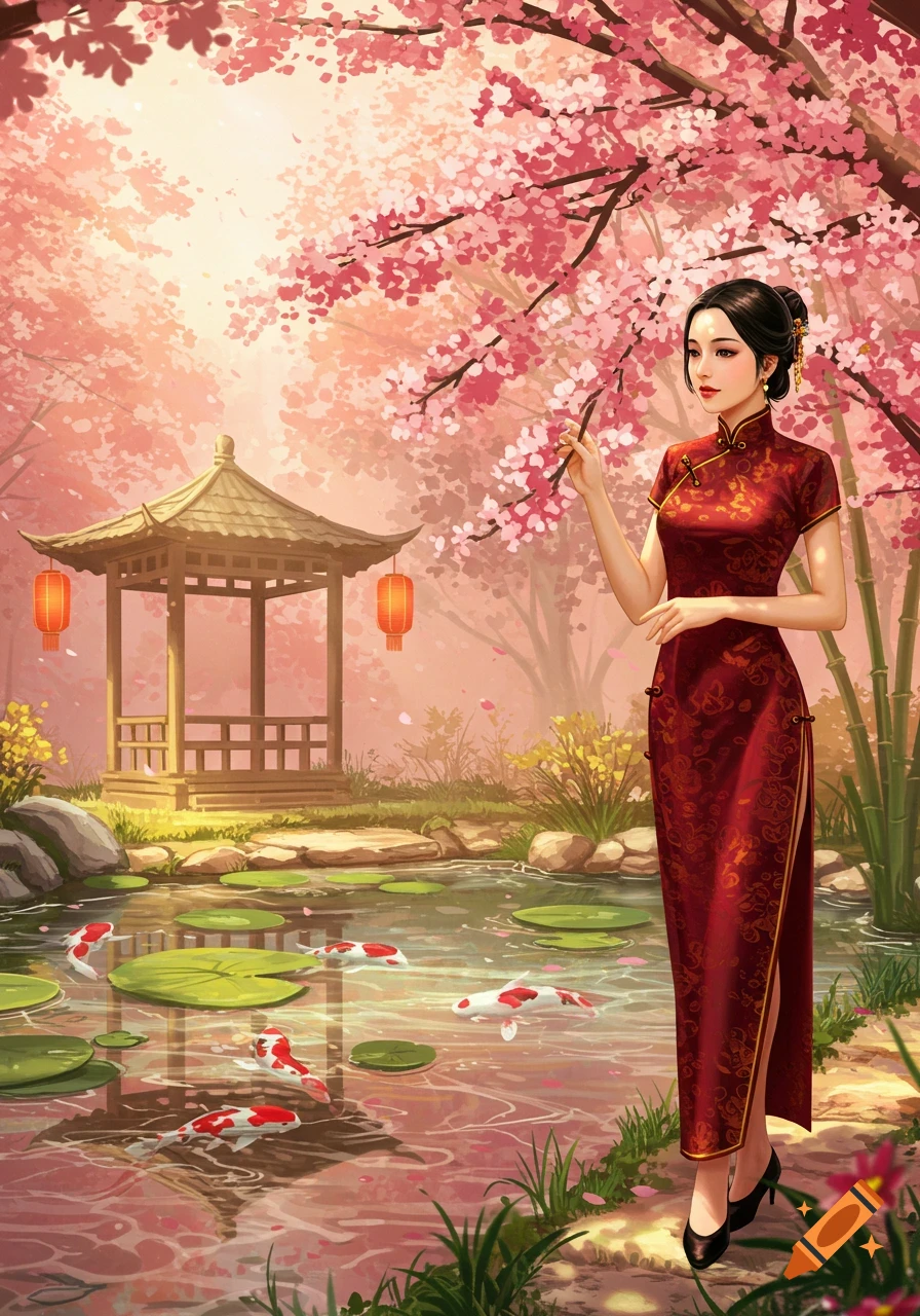 A woman in a red cheongsam stands in a lush garden with a pond, koi fish, and a pagoda under pink cherry blossoms.