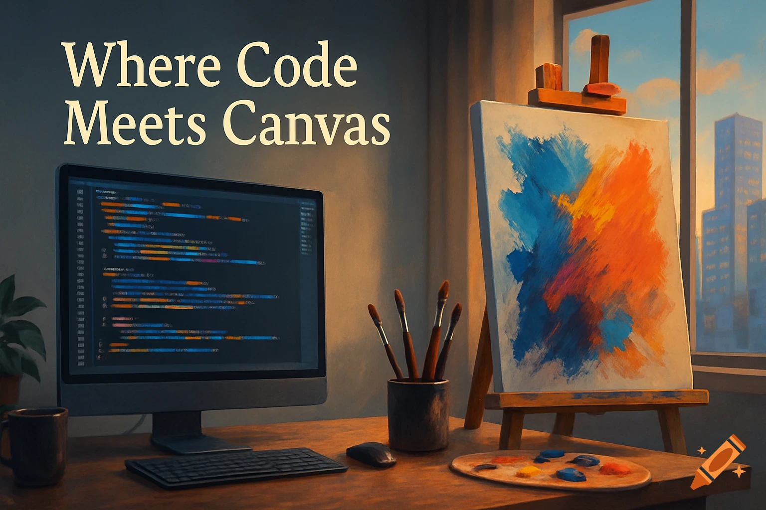 A desk with a computer displaying code and an easel with an abstract painting, with a city skyline outside a window, representing code meeting canvas.