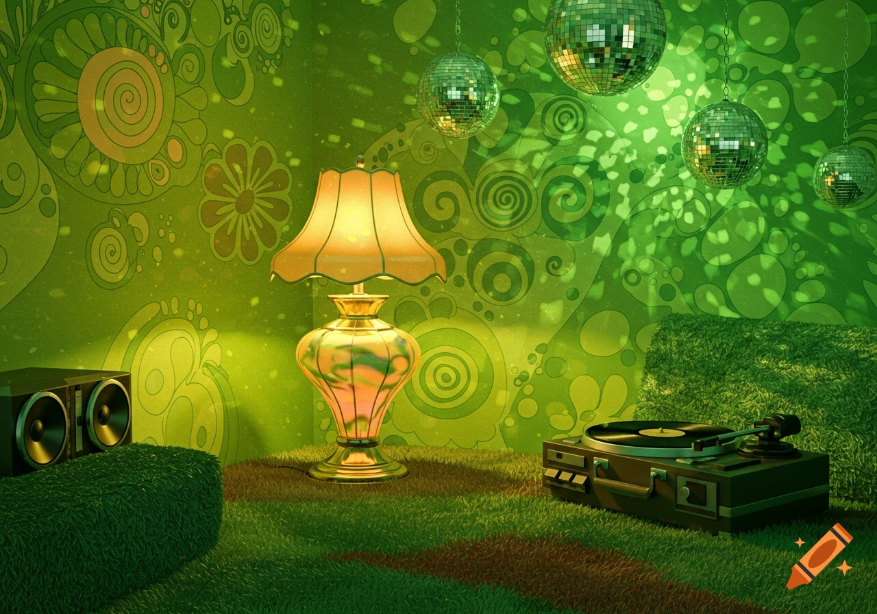 A retro lime green room with a large patterned wall, disco balls, an ornate lamp, speakers, and a turntable on a grassy floor.